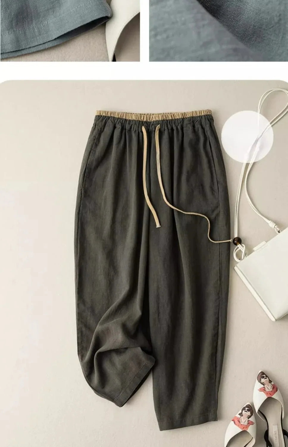Summer Retro Cotton Linen Loose Harem Pants Elastic Drawstring Waist Casual Pants Basic Versatility Wide-leg Ankle-Length Pants
