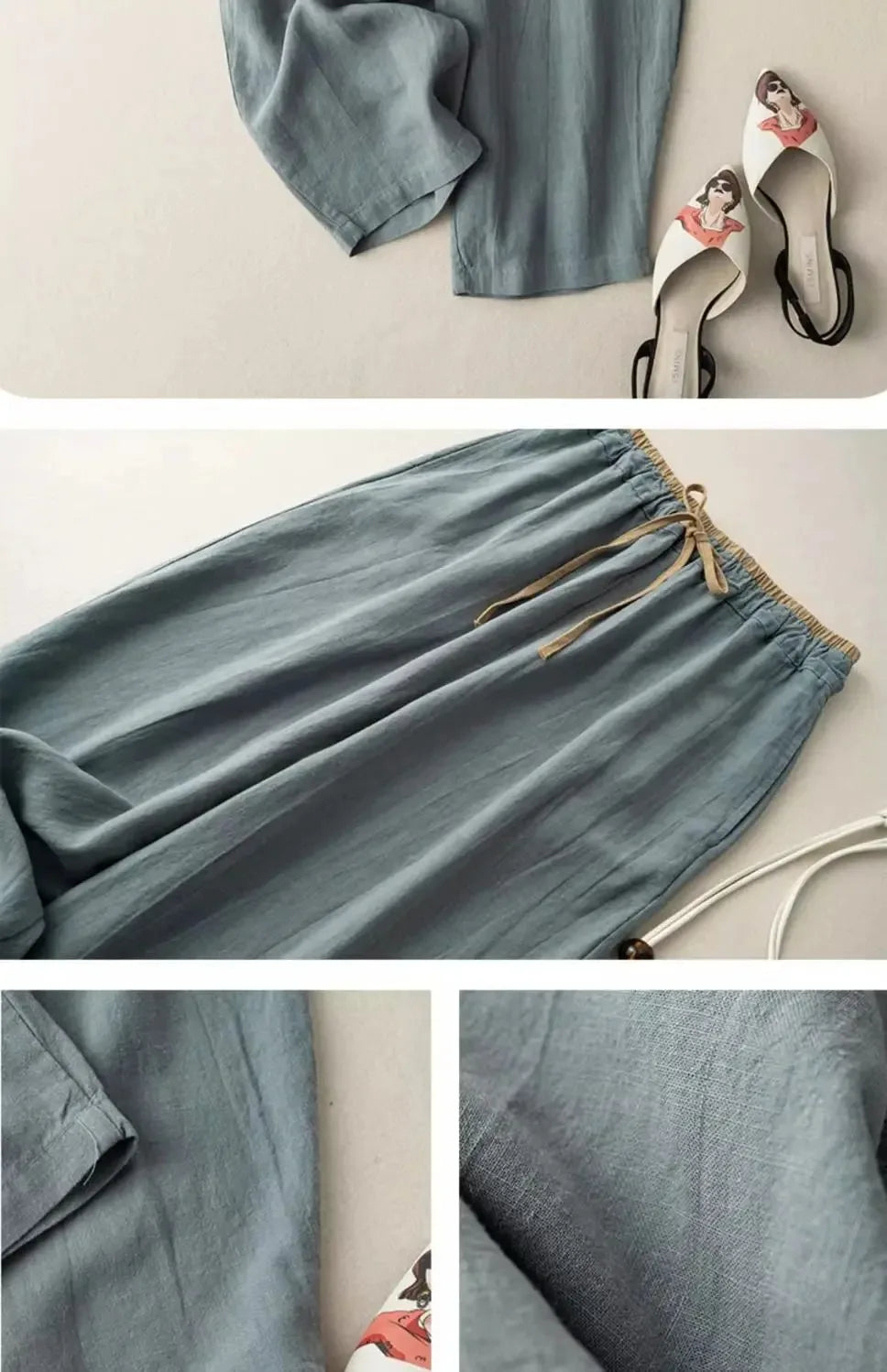 Summer Retro Cotton Linen Loose Harem Pants Elastic Drawstring Waist Casual Pants Basic Versatility Wide-leg Ankle-Length Pants
