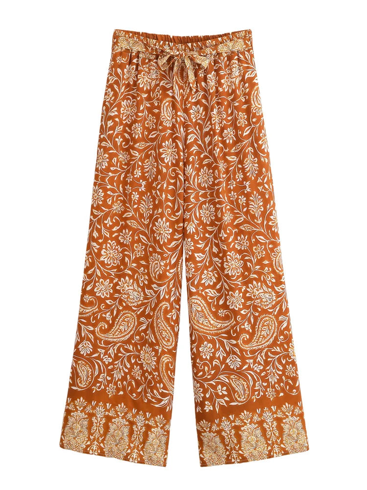 Vintage Chic Women Floral Print Wide Leg Bohemian Happie Pants Ladies Sashes Loose Rayon Boho Long Pant Oversize