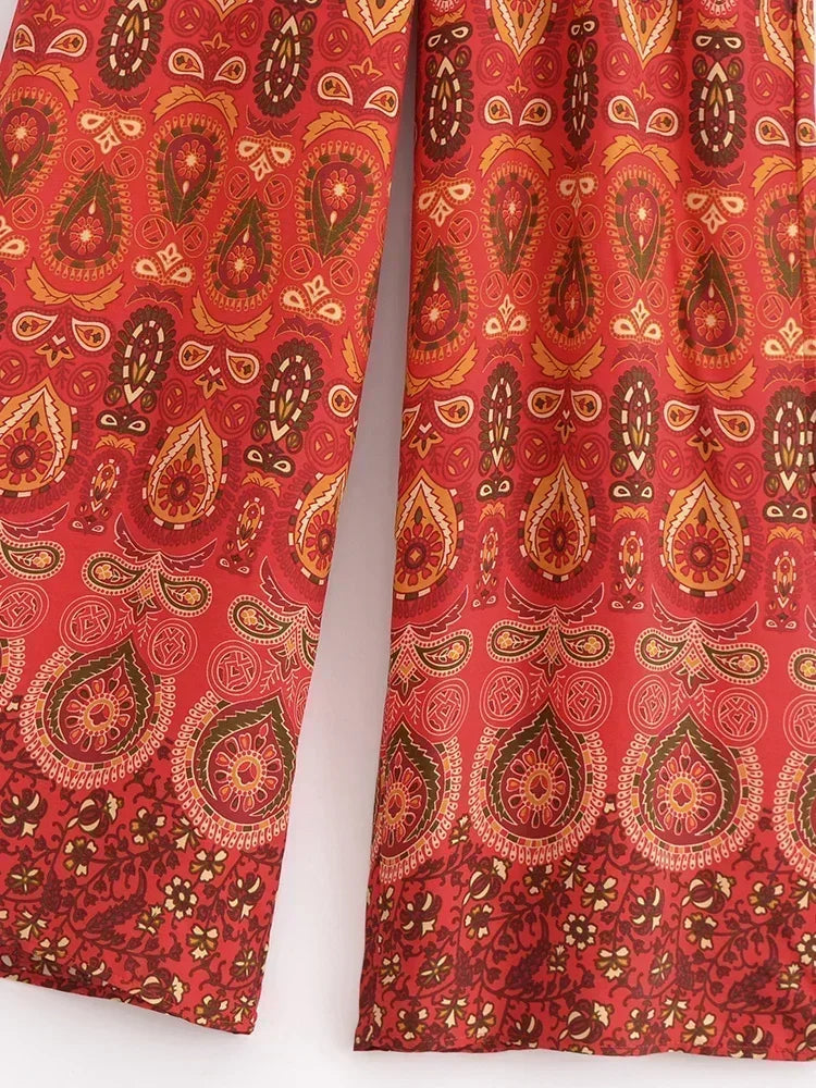 Boho Queens Women Red Floral Print Bohemian Wide Leg Pant Lady Gothic Elastic Waist Loose Rayon Long Boho Pants Casual Trousers