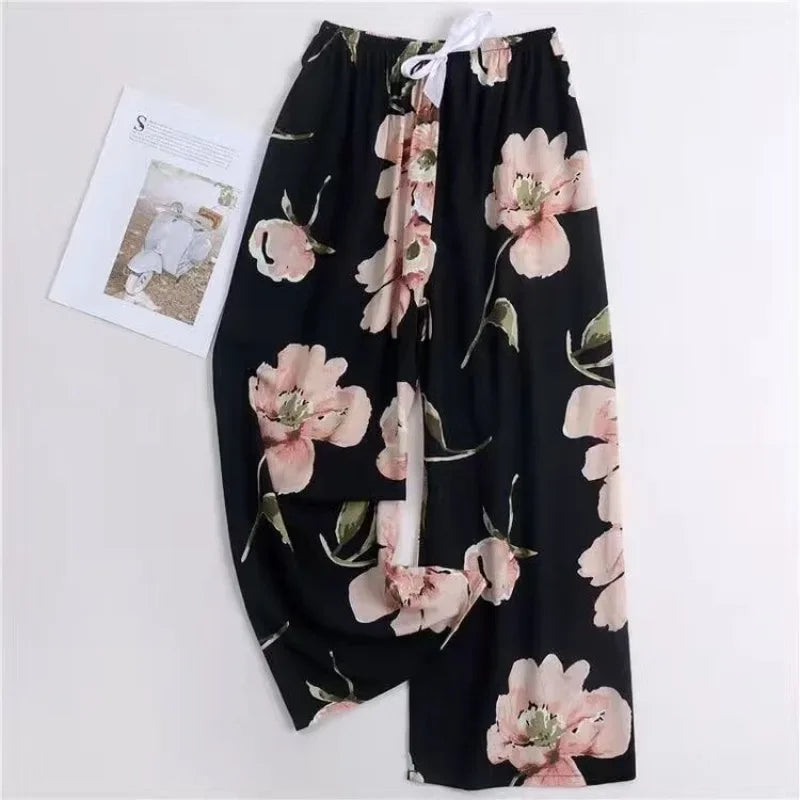 Cute Women Loose Pajama Pants Summer Lounge Trousers Floral Print Casual Stretch Waist Drawstring High Waist Pants Home Pants