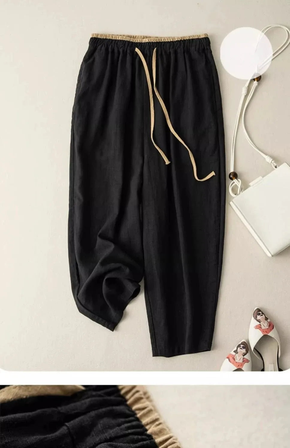 Summer Retro Cotton Linen Loose Harem Pants Elastic Drawstring Waist Casual Pants Basic Versatility Wide-leg Ankle-Length Pants