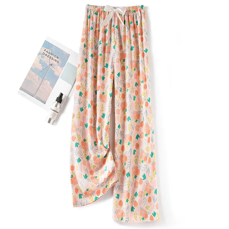 New Ladies Pants Viscose Pajama Sleep Bottoms Thin Loose Large Size Pants Women Pants Home Clothes Loungewear Floral Sleepwear
