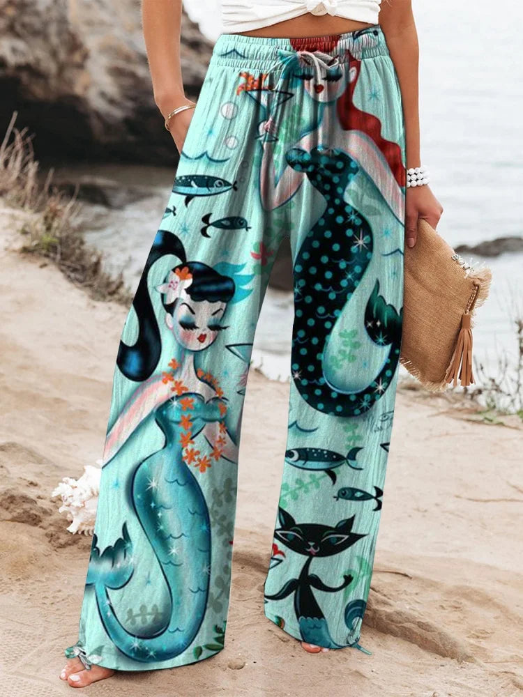 New Women's Drawstring Relaxed-Fit Casual Pants 3D Floral Print Comfortably Chic Wide-Leg Pants