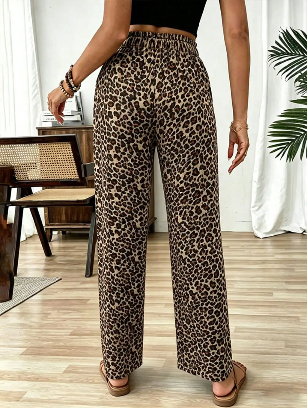 Women Retro Leopard Print Wide Leg Pants Soft Casual Trousers For Home Sleep Travel Beach Vacation Outfit Clothes