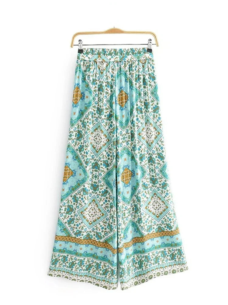 Boho Queens Women Green Floral Print Bohemian Wide Leg Pants Lady Elastic Waist Loose Rayon Boho Long Pant Oversize Trousers