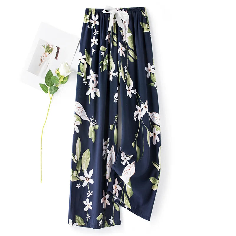 New Ladies Pants Viscose Pajama Sleep Bottoms Thin Loose Large Size Pants Women Pants Home Clothes Loungewear Floral Sleepwear