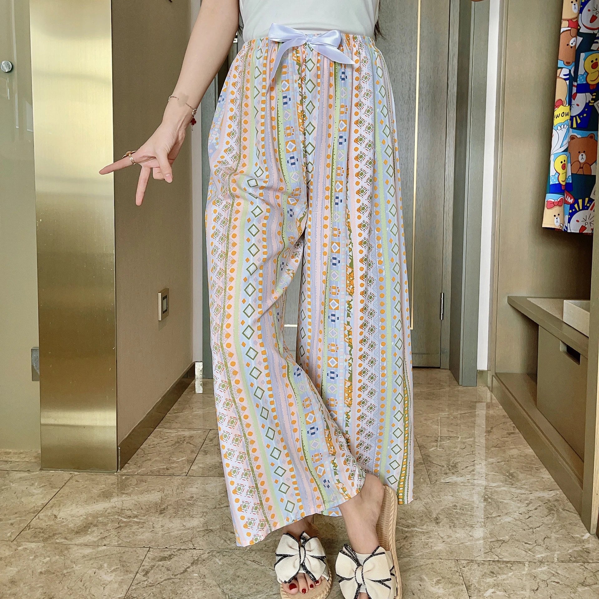 Summer Pants Women Thin Bottoms Spring Loungewear Flower Print Loose Fit Trousers