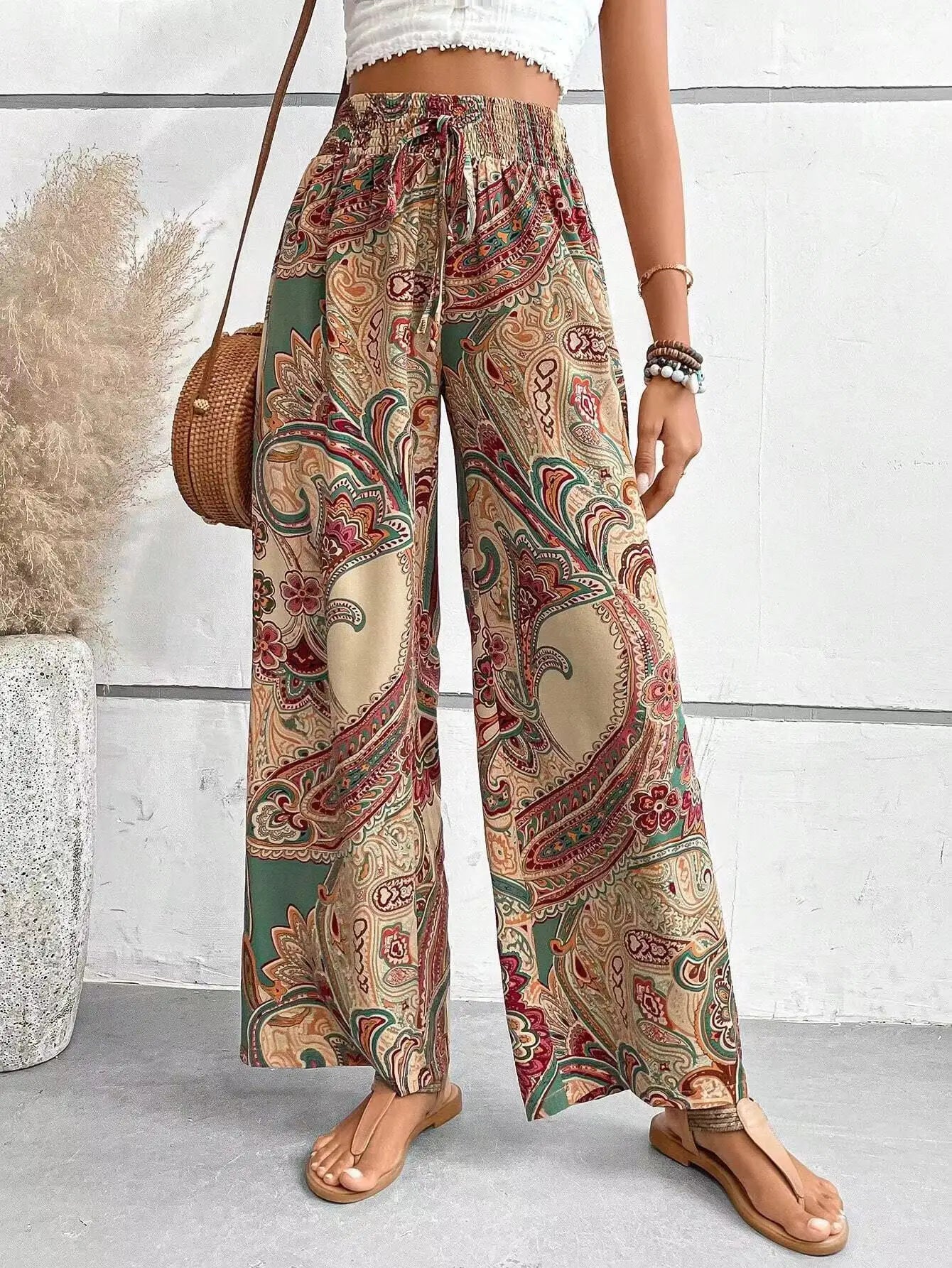 Fashion Vintage Print Wide-leg Pants Women Casual High-waisted Trouser Spring Summer  Ladies Clothes Loungewear