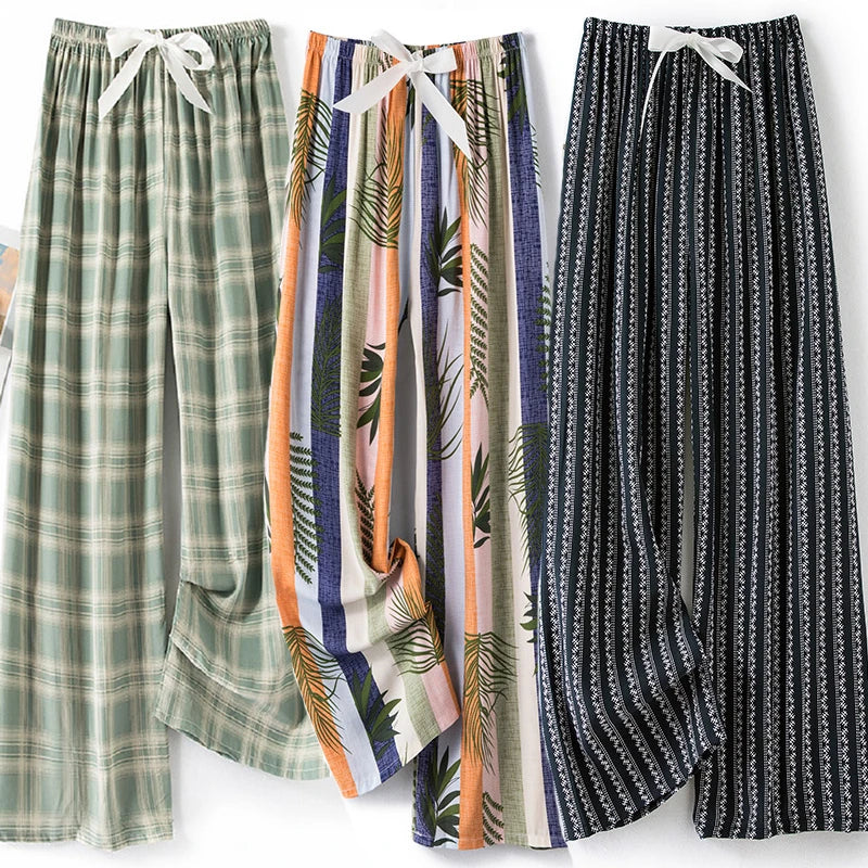 New Ladies Pants Viscose Pajama Sleep Bottoms Thin Loose Large Size Pants Women Pants Home Clothes Loungewear Floral Sleepwear