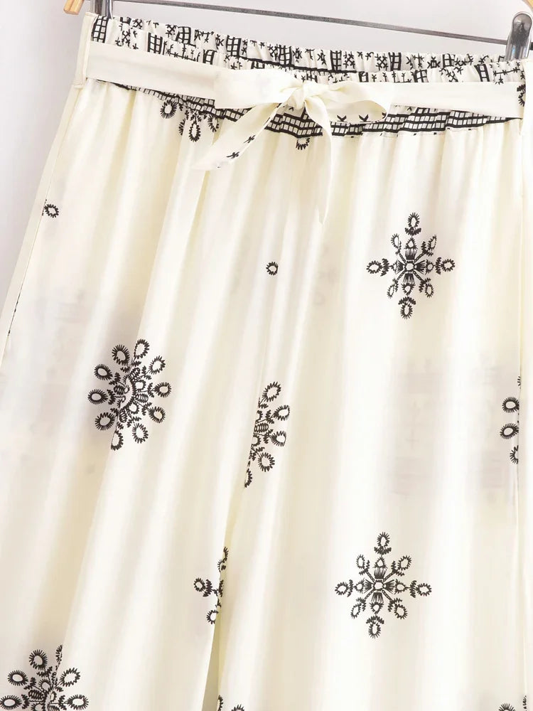 Boho Queens Women Floral Bohemian Wide Leg Holiday Pants with Pockets Lady Elastic Waist Loose Vacation Boho Pants Trousers