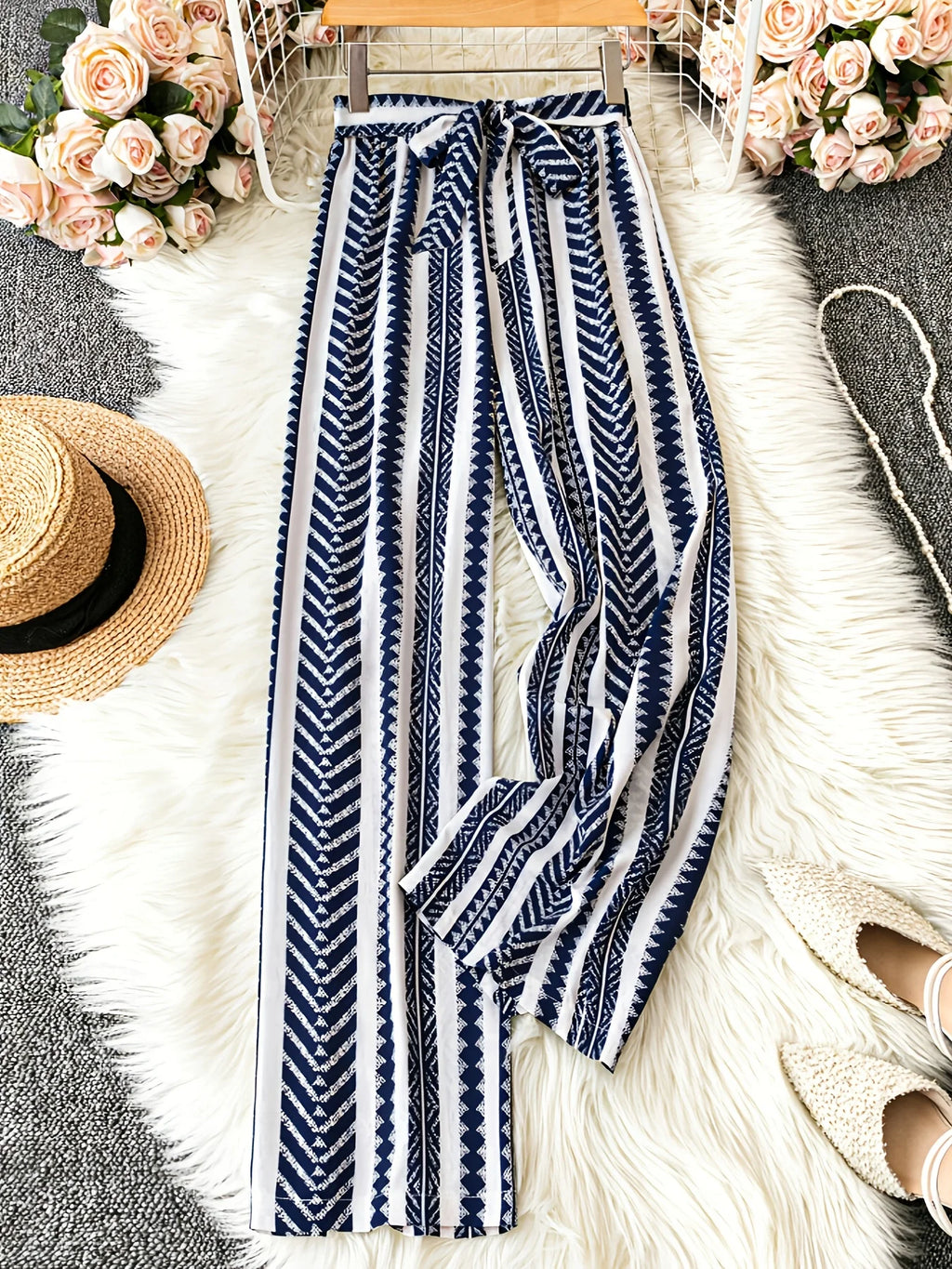 Bohemian style casual elegant printed elastic high waisted slimming women's loose wide leg beach pants long pants