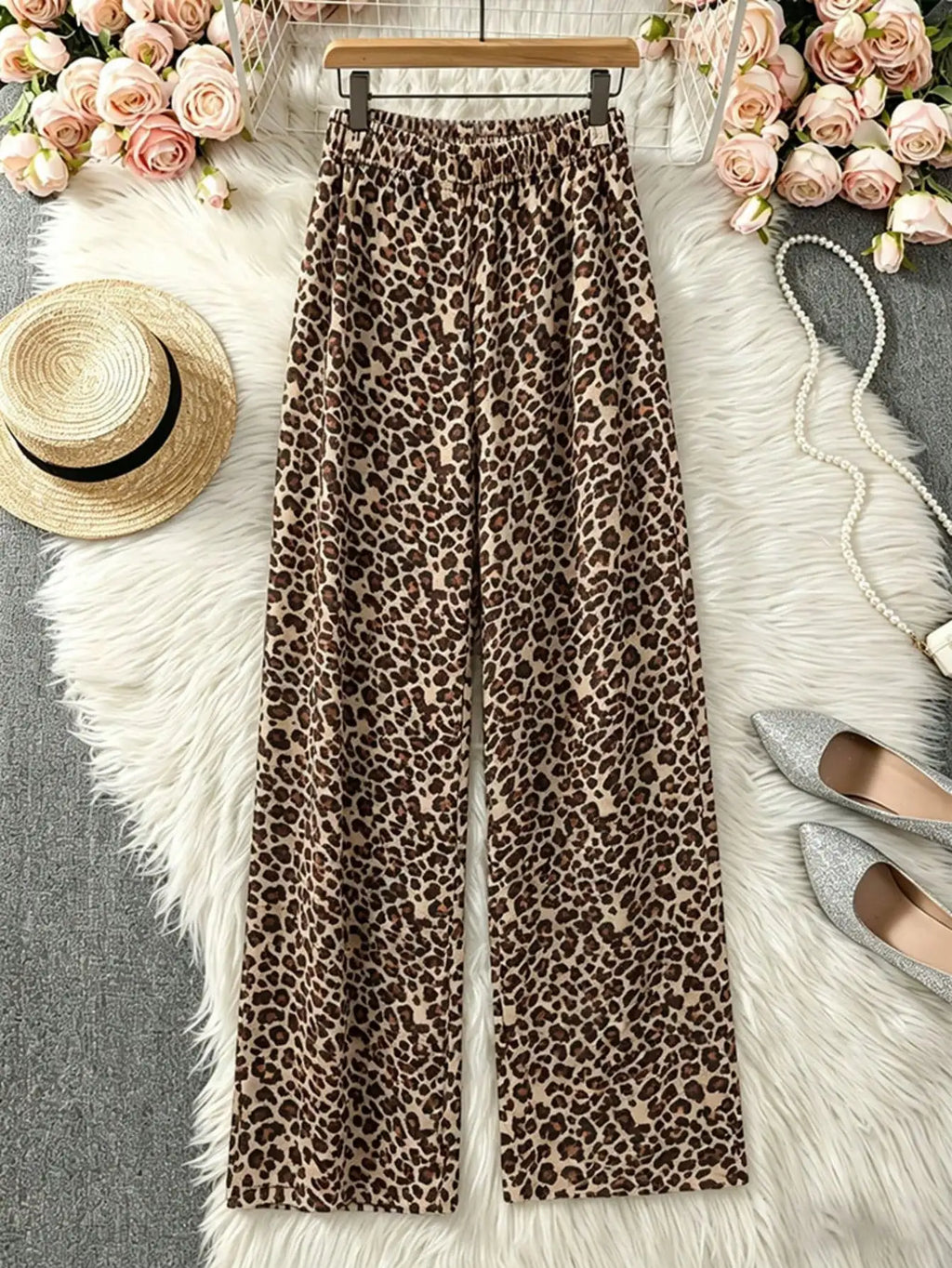 Women Retro Leopard Print Wide Leg Pants Soft Casual Trousers For Home Sleep Travel Beach Vacation Outfit Clothes