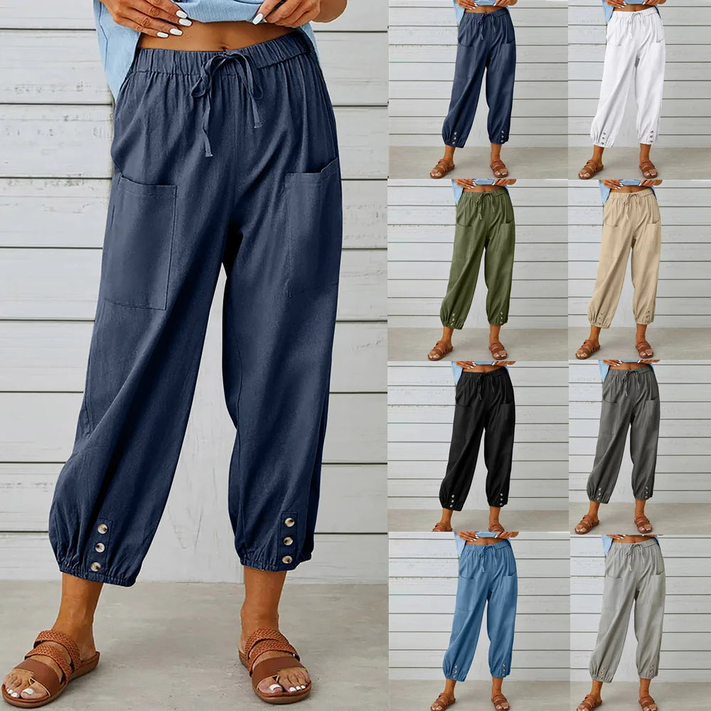Cotton Linen Harem Pants Women Casual Elastic High Waist Lace Up Loose Ankle Trousers Vintage Harajuku Wide Leg Straight Pants