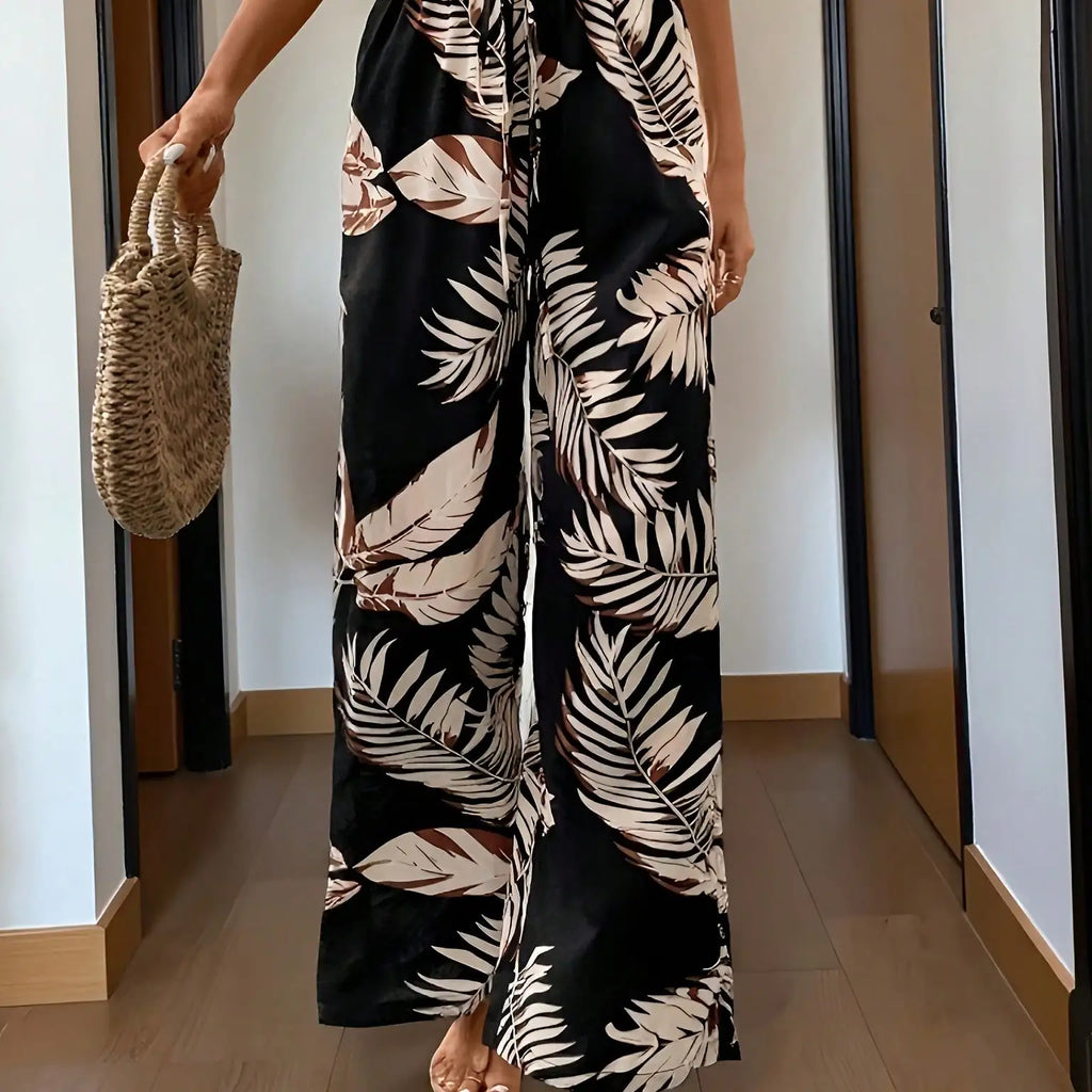 Women's Casual Elegant Bohemian Style - Loose Comfortable Leaf Printed Wide Leg Elastic Waist Wide Leg Pants