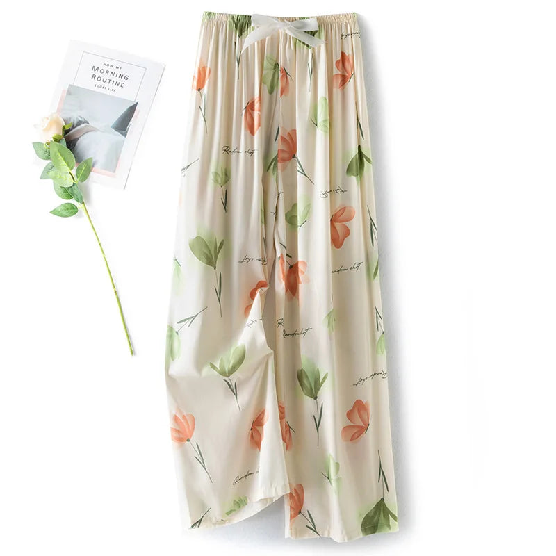 New Ladies Pants Viscose Pajama Sleep Bottoms Thin Loose Large Size Pants Women Pants Home Clothes Loungewear Floral Sleepwear