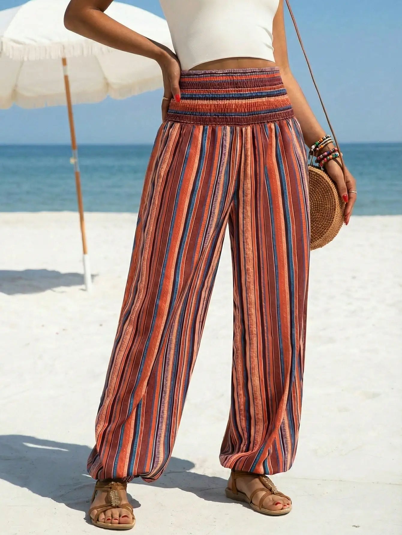 Women's Black Striped Smocked High Waist Beach Casual Wide Leg Tapered Ankle Dress Capris