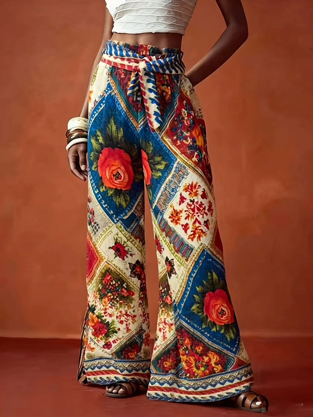 Ethnic Geometric Floral Print Wide-Leg Pants, High Waist & Draping Fabric, Bohemian Vacation Trousers