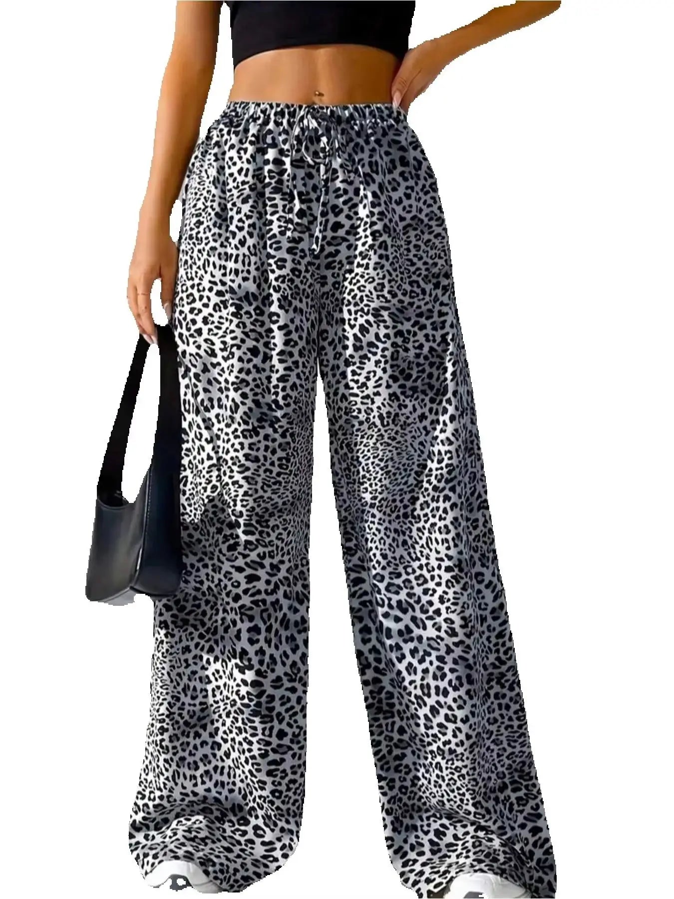 Summer casual elegant style elastic waist color blocked leopard print wide leg pants long pants