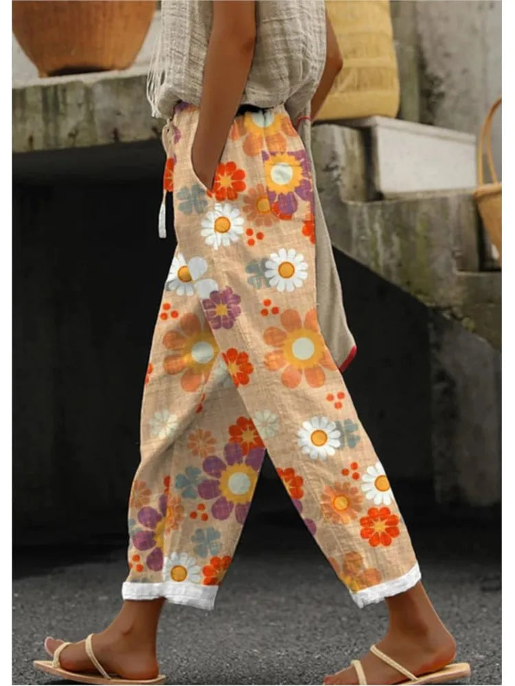 Fashion Floral Print Pants Lady Casual Pockets Mid Waist Straight Ankle-Length Pants For Women Holiday Y2k Womens Clothing New