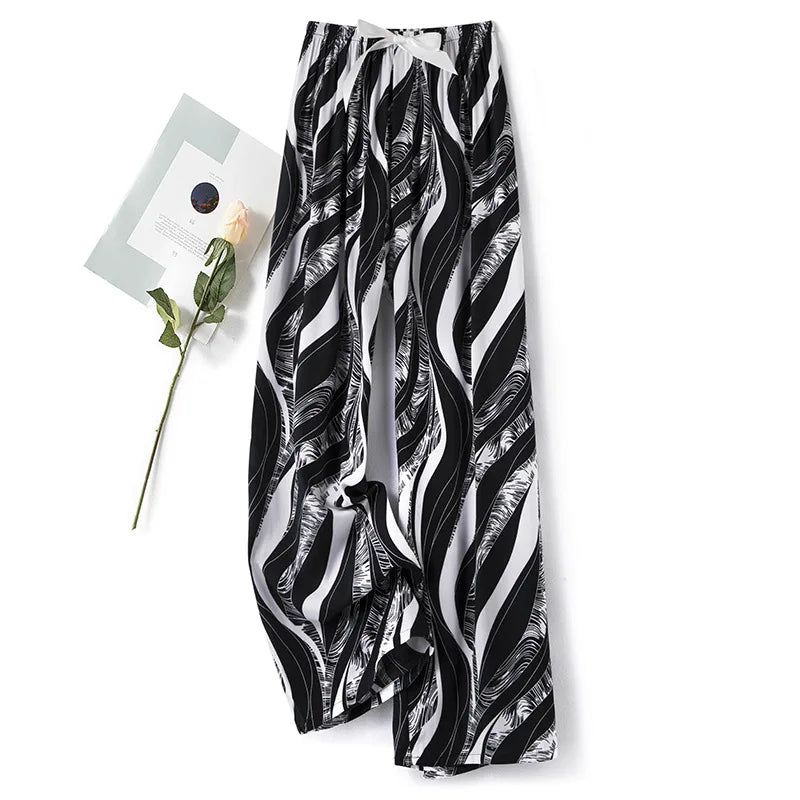 New Ladies Pants Viscose Pajama Sleep Bottoms Thin Loose Large Size Pants Women Pants Home Clothes Loungewear Floral Sleepwear
