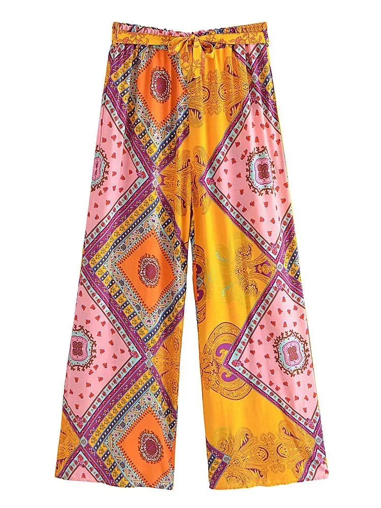 Happie Queens Women Floral Print Bohemian Wide Leg Pants Lady Elastic Waist Loose Rayon Boho Long Pants Beach Casual Trousers