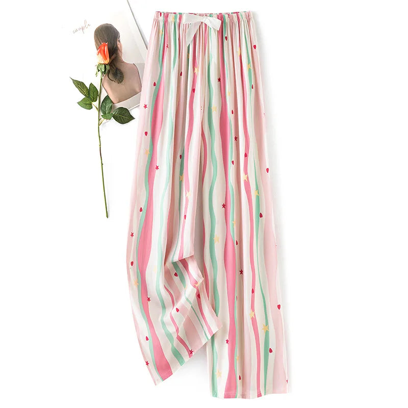 New Ladies Pants Viscose Pajama Sleep Bottoms Thin Loose Large Size Pants Women Pants Home Clothes Loungewear Floral Sleepwear