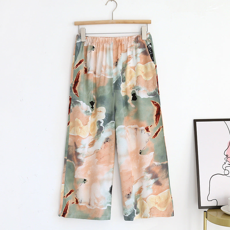 Summer new women's 100% viscose pajama pants cropped pants thin loose wide leg pants home pants pajama plus size cute shorts