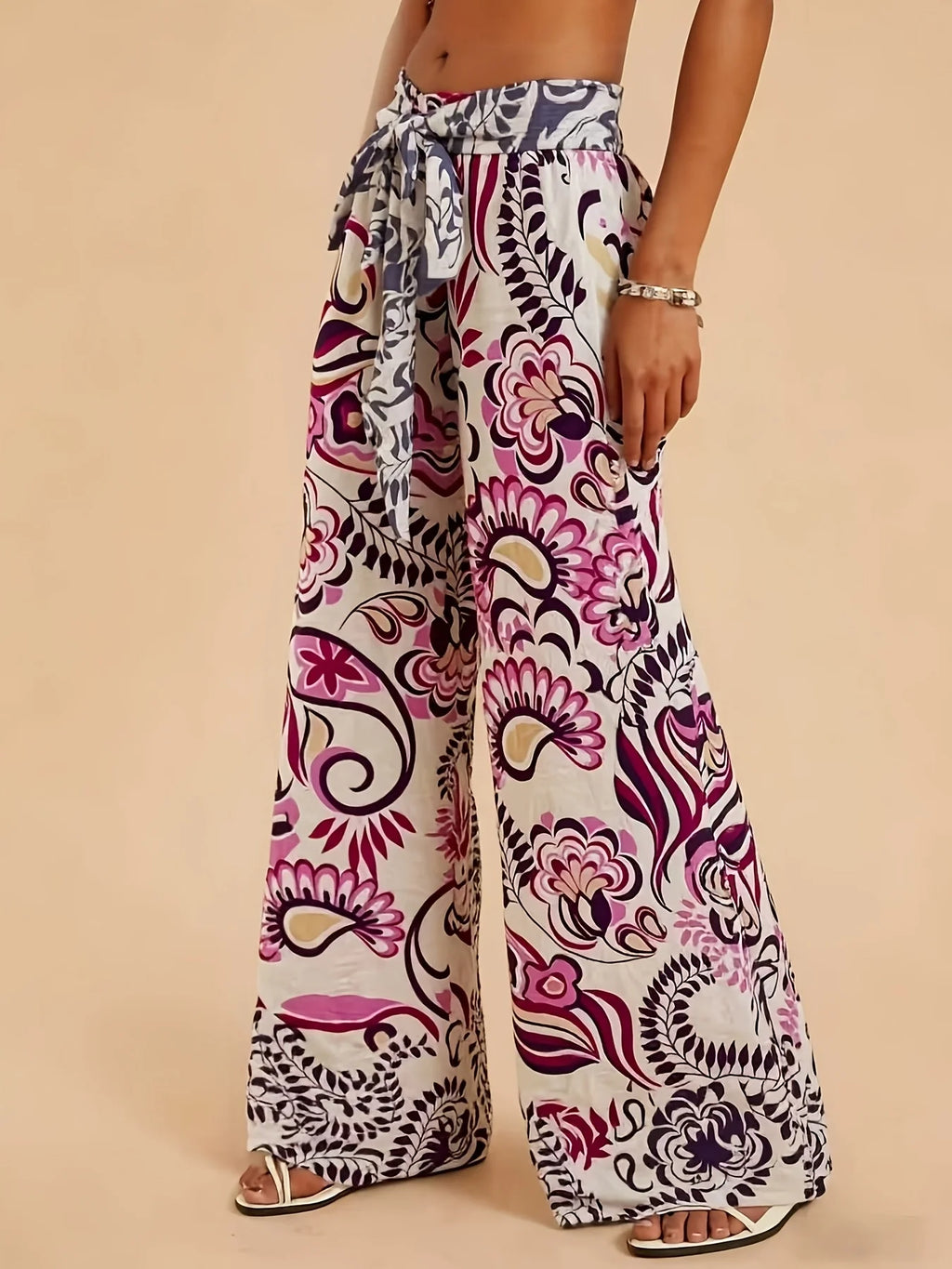 Pink Purple Paisley Print Wide Leg Pants, Tie Waist, Vacation Style Drapey Casual Trousers
