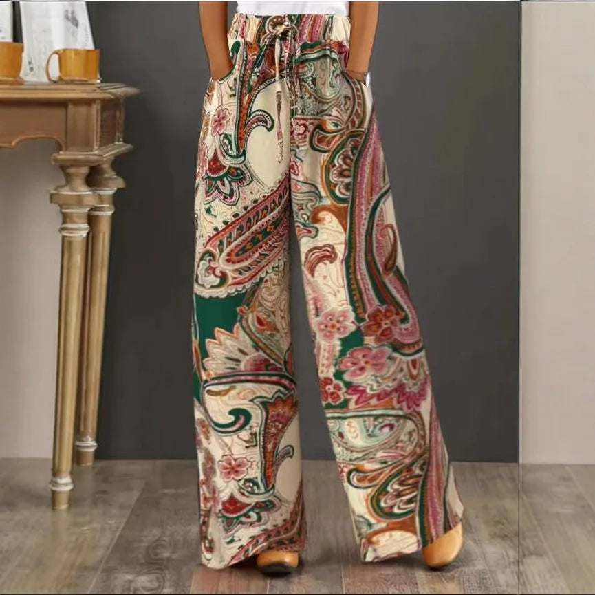 Fashionable Print Wide Leg Pants Women's Elastic Waist Fake Drawstring Comfortable Casual Trousers Autumn Season Polyester Fa...