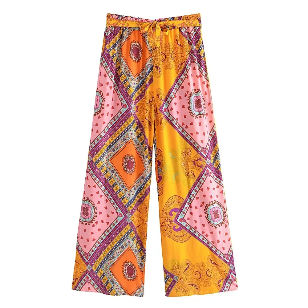Happie Queens Women Floral Print Bohemian Wide Leg Pants Lady Elastic Waist Loose Rayon Boho Long Pants Beach Casual Trousers