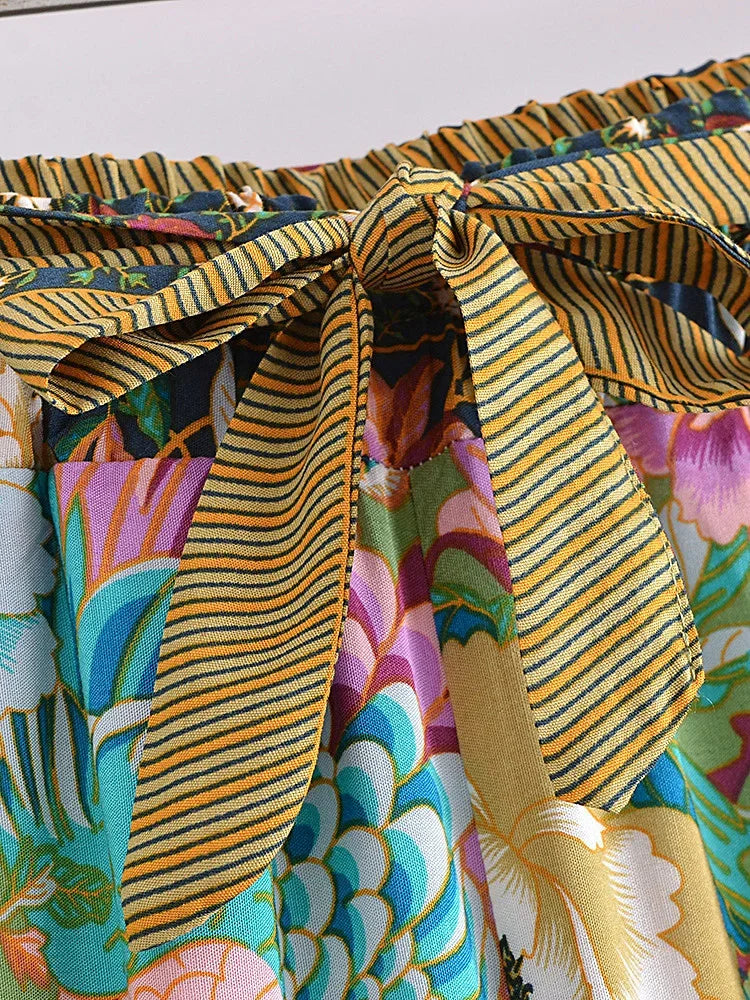 Women Peacock Floral Print Bohemian Wide Leg Pants Lady Elastic Waist Loose Rayon Boho Long Pant  Oversize Trousers