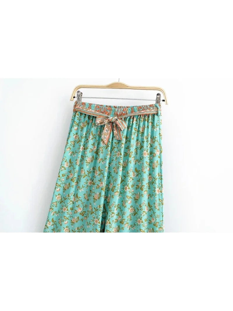 Boho Queens Women Green Floral Print Bohemian Wide Leg Pants Lady Elastic Waist Loose Rayon Boho Long Pant Oversize Trousers