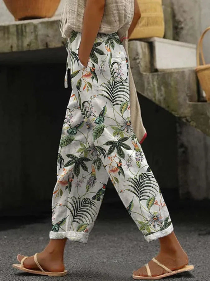 Fashion Floral Print Pants Lady Casual Pockets Mid Waist Straight Ankle-Length Pants For Women Holiday Y2k Womens Clothing New