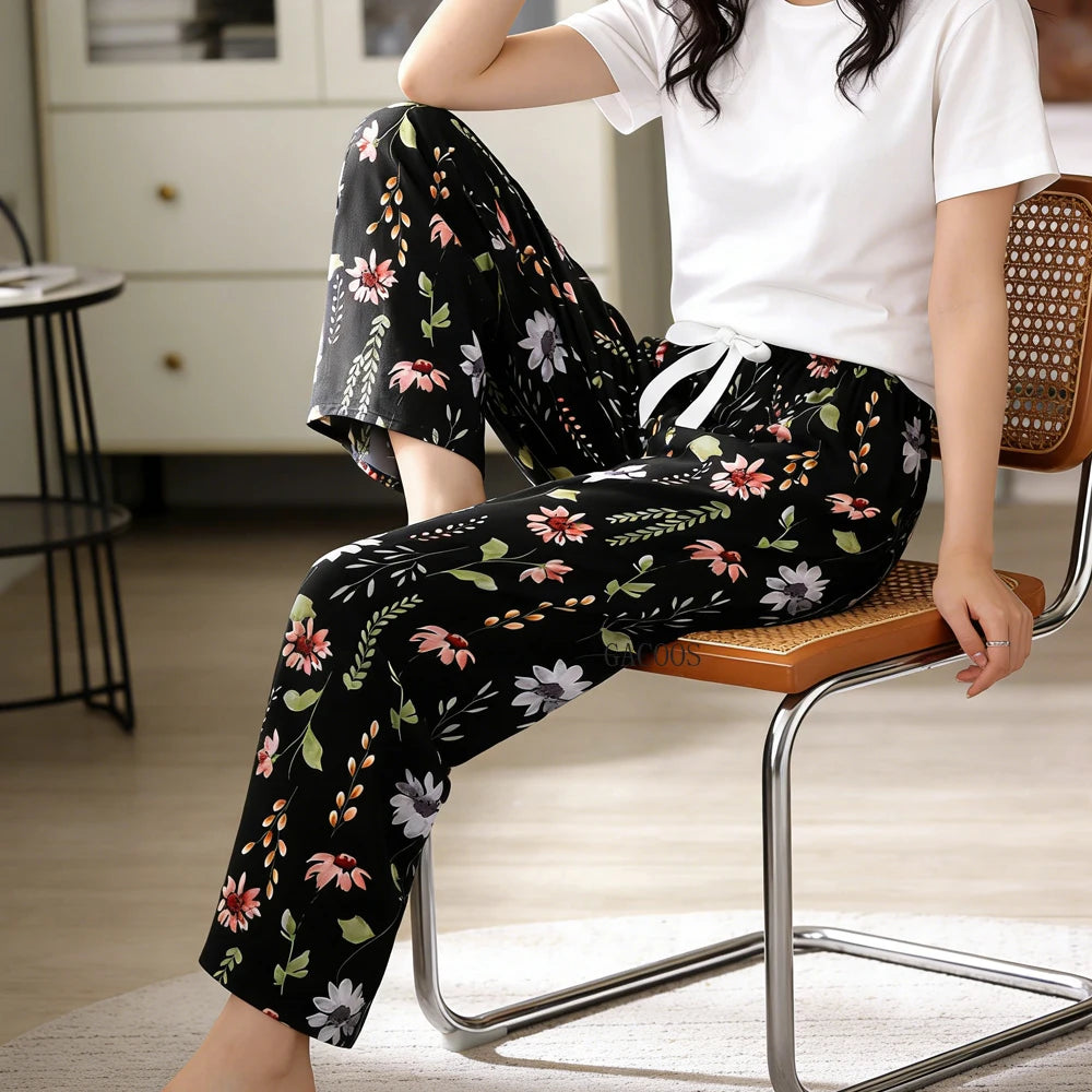 Summer Sleeping Pants Women Thin Bottoms Spring Large Size Home Wear Pants Pajamas Flower Print Loose Cute Beach Trousers