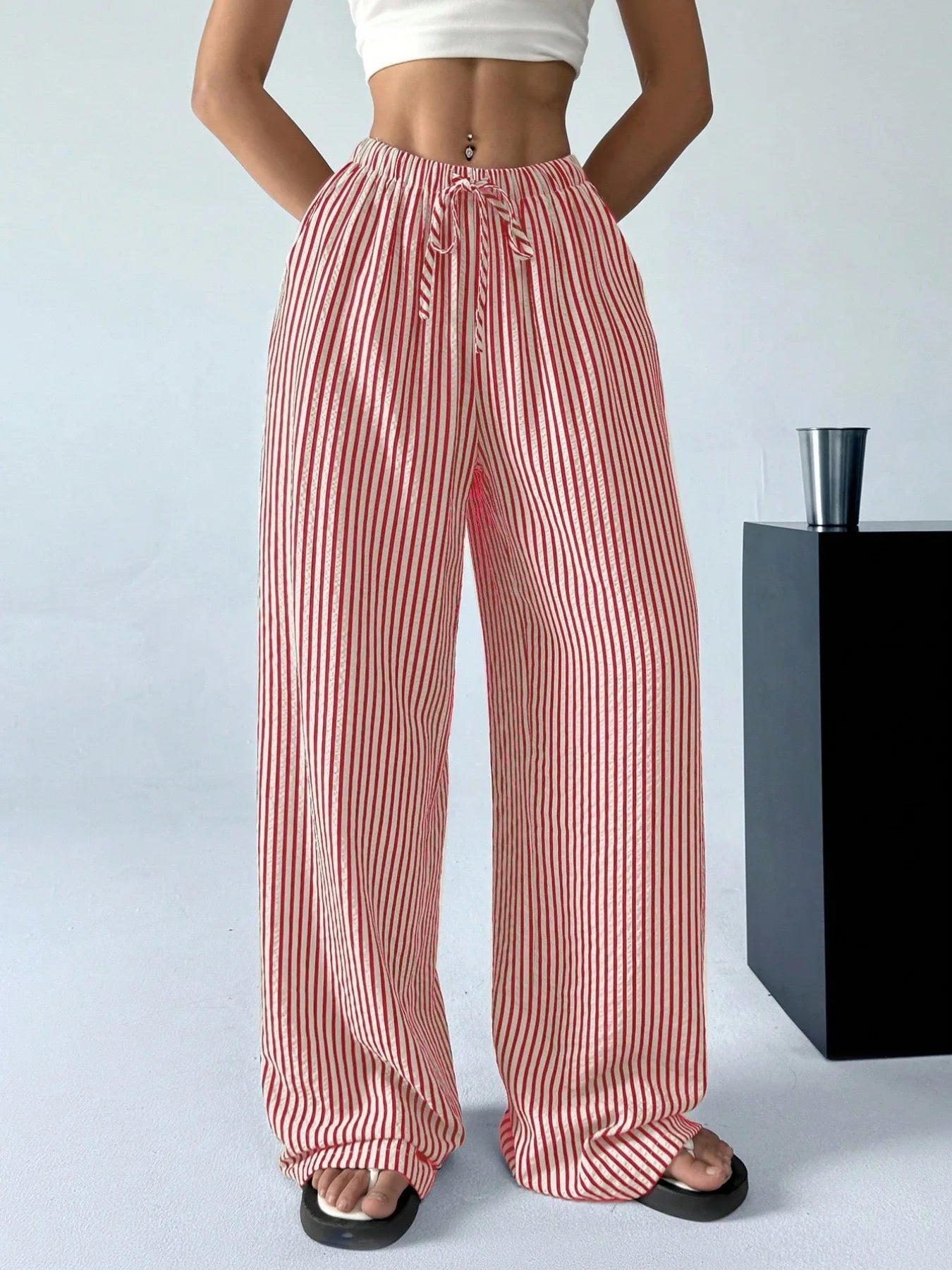 American Style Retro Vertical Stripe Drawstring Wide Leg Pants High Waist Dipping Loose Straight Casual Pants