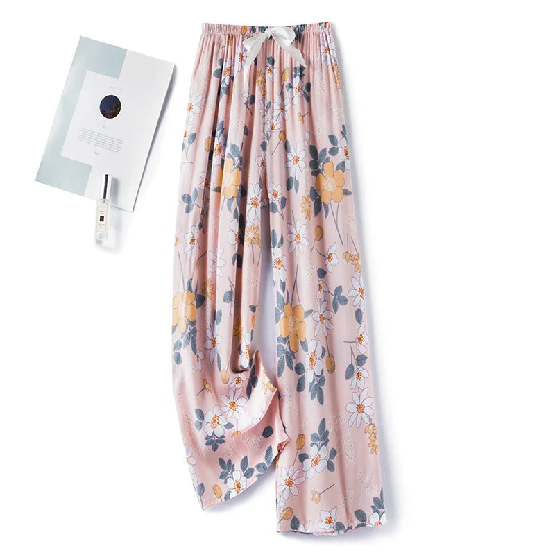 New Ladies Pants Viscose Pajama Sleep Bottoms Thin Loose Large Size Pants Women Pants Home Clothes Loungewear Floral Sleepwear