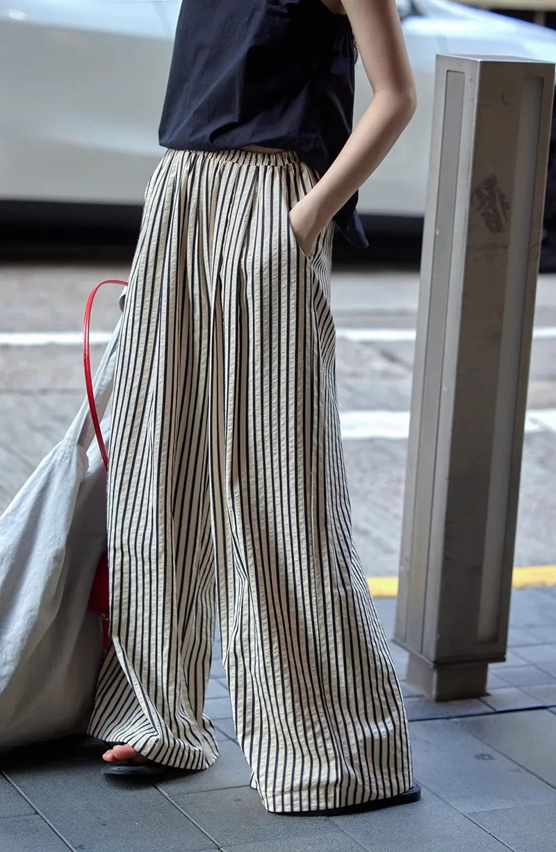 American Style Retro Vertical Stripe Drawstring Wide Leg Pants High Waist Dipping Loose Straight Casual Pants