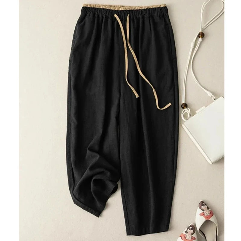 Summer Retro Cotton Linen Loose Harem Pants Elastic Drawstring Waist Casual Pants Basic Versatility Wide-leg Ankle-Length Pants