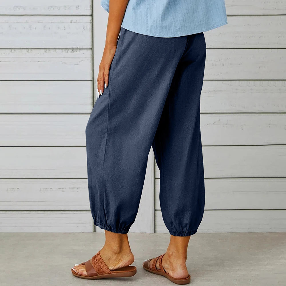 Cotton Linen Harem Pants Women Casual Elastic High Waist Lace Up Loose Ankle Trousers Vintage Harajuku Wide Leg Straight Pants