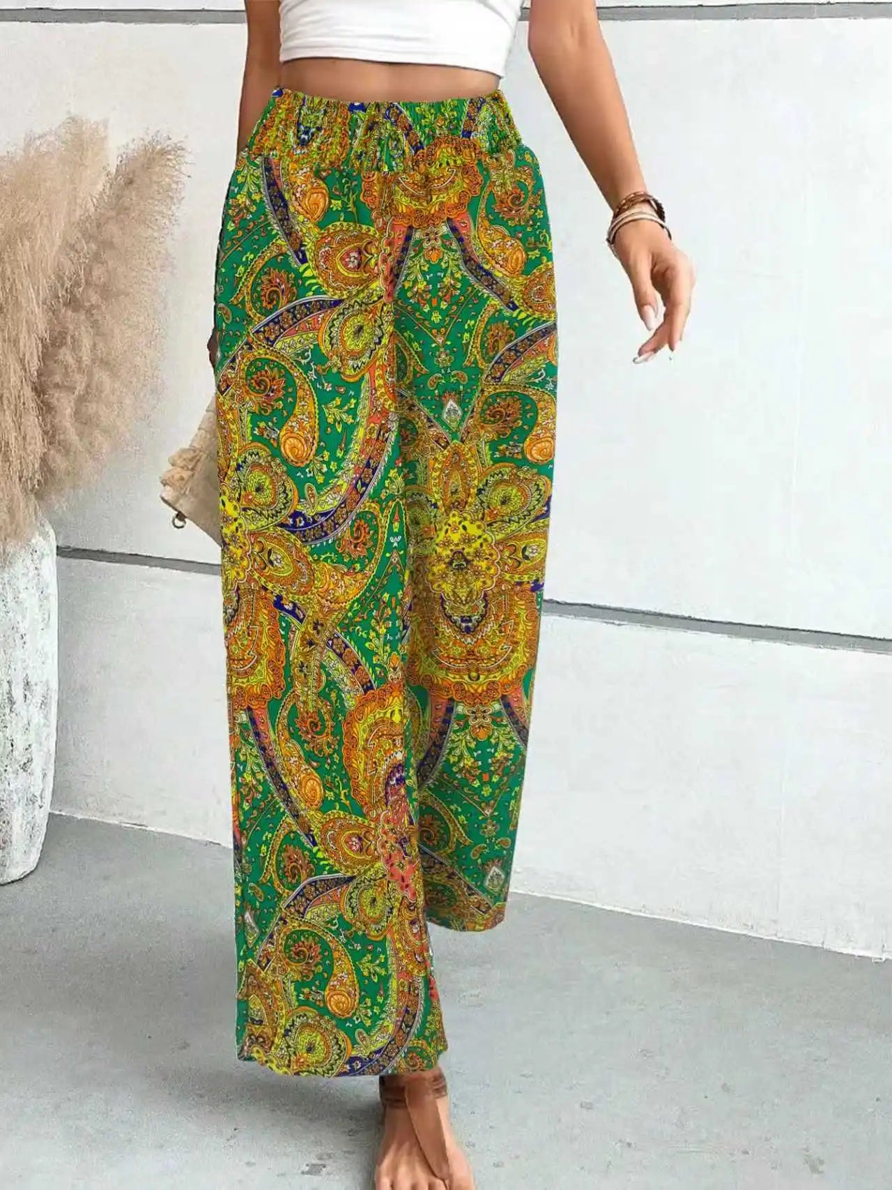 Summer Print Wide Leg Pants for Women Straight Trouser New Fashion Elastic Waist Versatile Breathable Grace Ladies Streetwear