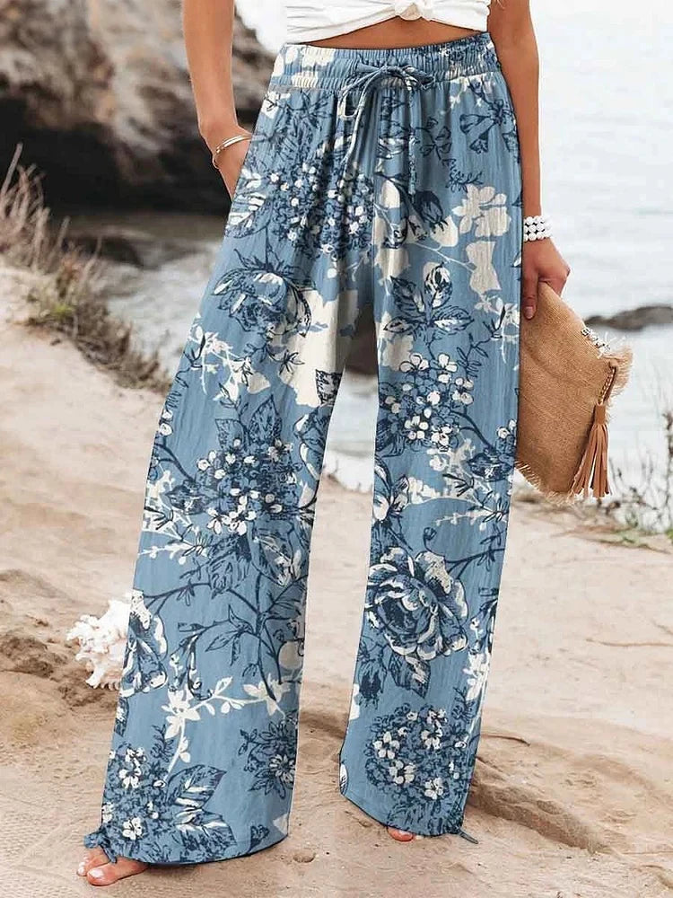 New Women's Drawstring Relaxed-Fit Casual Pants 3D Floral Print Comfortably Chic Wide-Leg Pants