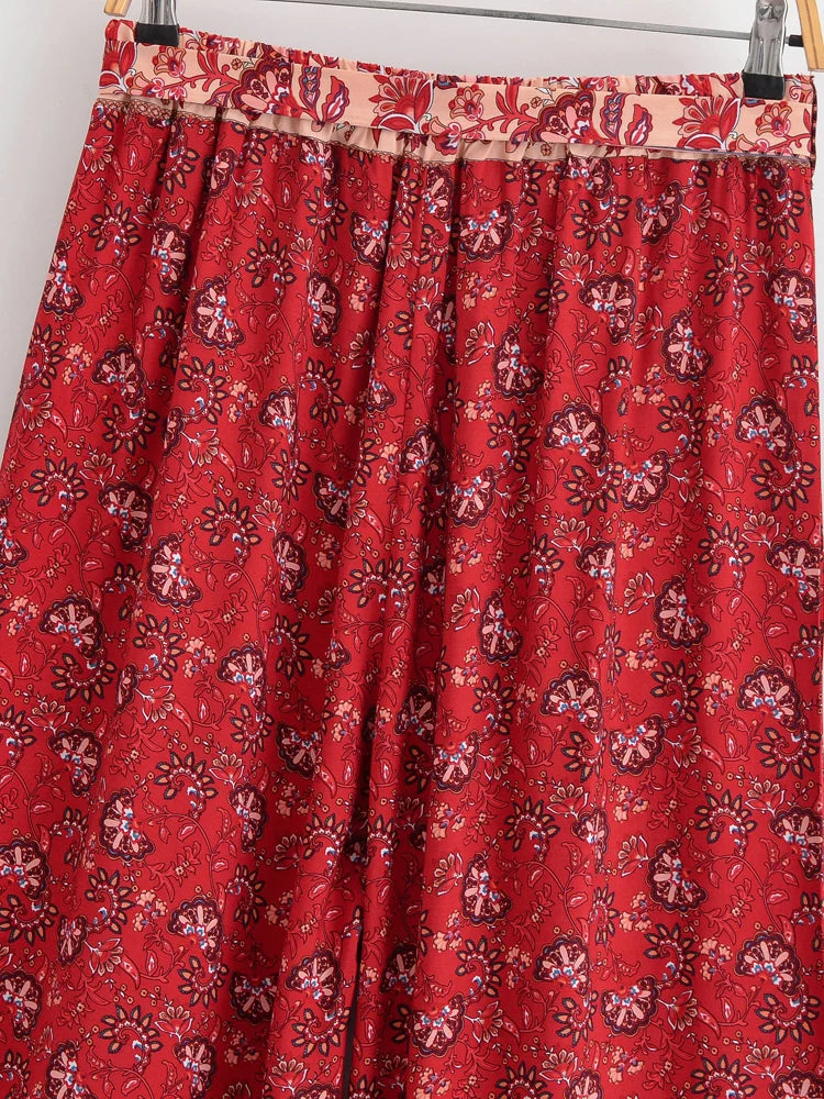 Vintage Chic Women Red Floral Bohemian Wide Leg Pants Lady Elastic Waist Loose Vacation Boho Long Pants Oversize Trousers