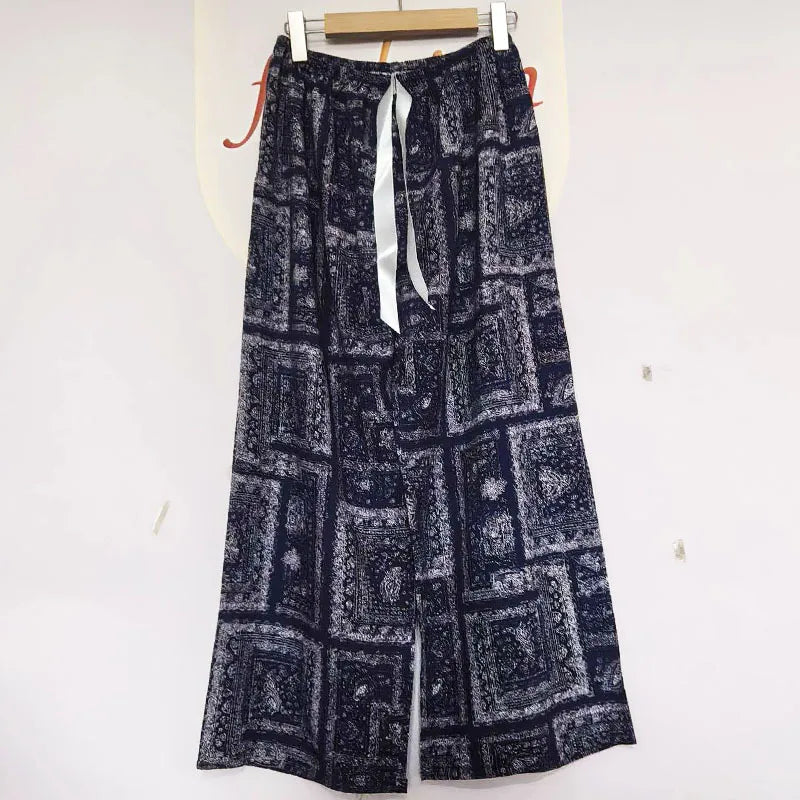 Printed Wide Leg Pants Women Summer Loose Casual Long Trousers Retro Artistic Style Quality Pants Comfortable Cotton Blend