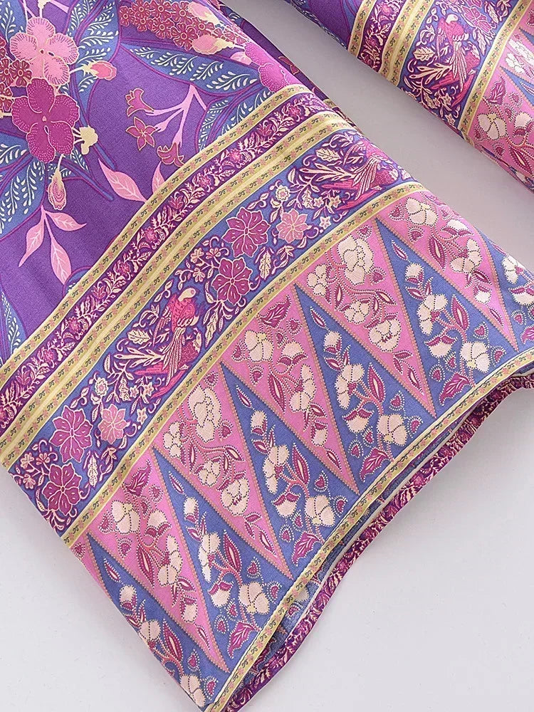 Boho Queens Autumn Women Purple Floral Print Bohemian Wide Leg Pants Lady Gothic Elastic Waist Loose Boho Pant Holiday Trousers