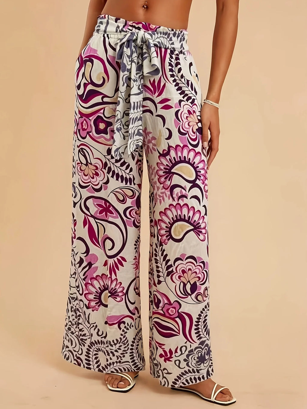 Pink Purple Paisley Print Wide Leg Pants, Tie Waist, Vacation Style Drapey Casual Trousers
