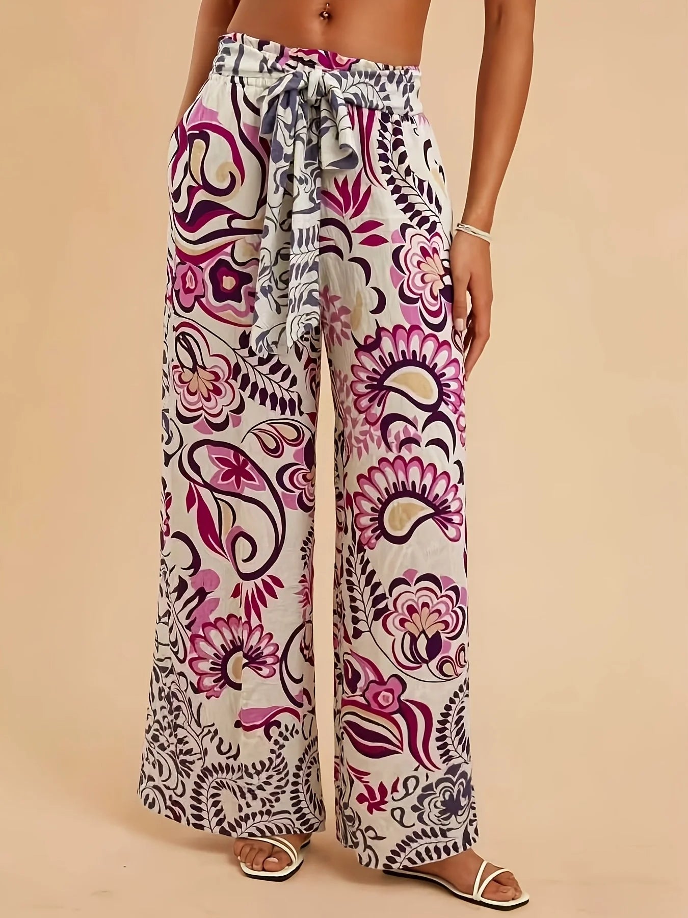 Pink Purple Paisley Print Wide Leg Pants, Tie Waist, Vacation Style Drapey Casual Trousers