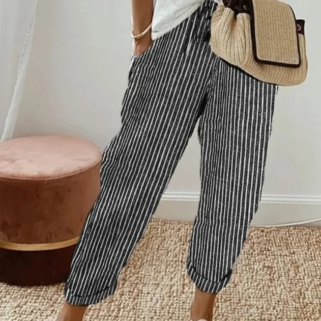 Women's Summer New Loose Stripe Printed Elastic Waist Drawstring Casual Pants