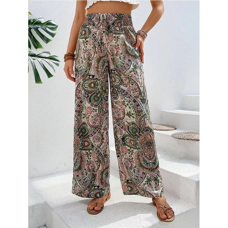 Fashion Vintage Print Wide-leg Pants Women Casual High-waisted Trouser Spring Summer  Ladies Clothes Loungewear