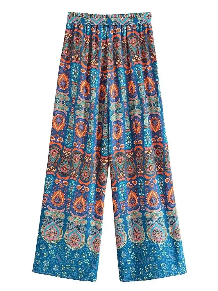 Boho Queens Women Red Floral Print Bohemian Wide Leg Pant Lady Gothic Elastic Waist Loose Rayon Long Boho Pants Casual Trousers